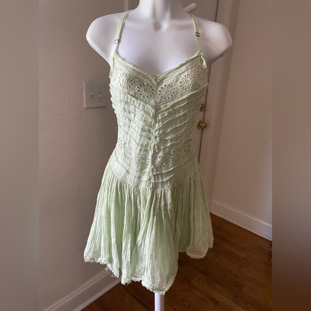 Free People Eyelet Distressed Slip Dress XS Mint Green